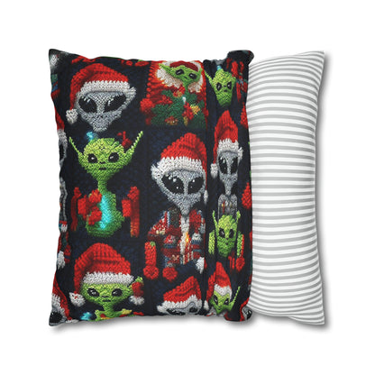 Festive Alien Invasion: Intergalactic Christmas Holiday Cheer with Santa Hats and Seasonal Gifts Crochet Pattern - Spun Polyester Square Pillow Case