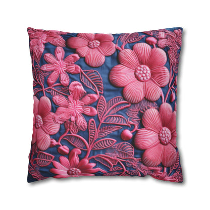 Denim Blue Doll Pink Floral Embroidery Style Fabric Flowers - Spun Polyester Square Pillow Case