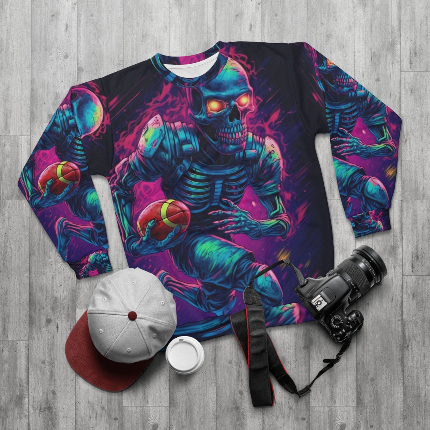 Spooky Football Game: Fantasy Skeleton Athlete Running with Ball, Sporty Halloween - Unisex Sweatshirt (AOP)