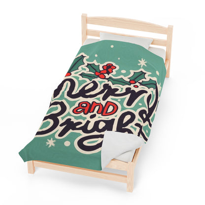 Merry and Bright Christmas Theme Holiday - Velveteen Plush Blanket