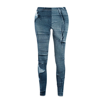 Distressed Blue Denim-Look: Edgy, Torn Fabric Design - Women's Cut & Sew Casual Leggings (AOP)