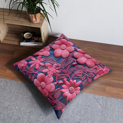 Denim Blue Doll Pink Floral Embroidery Style Fabric Flowers - Tufted Floor Pillow, Square