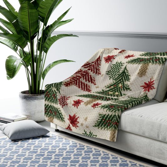 Embroidered Christmas Winter, Festive Holiday Stitching, Classic Seasonal Design - Sherpa Fleece Blanket