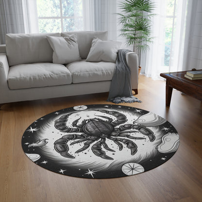 Scorpio 5ft Round Rug, Zodiac Black White Scorpion Design, Durable Chenille