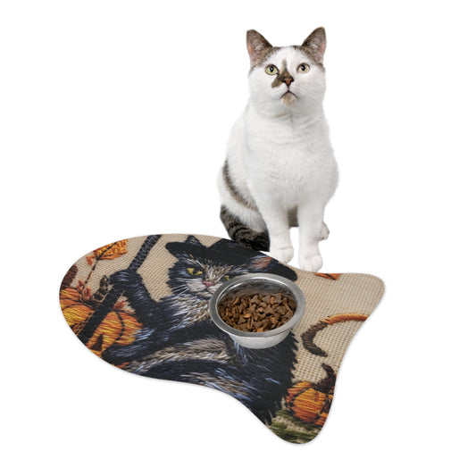 Halloween Cat Magic: Embroidered Style Feline with Pumpkins & Witch Hat - Pet Feeding Mats