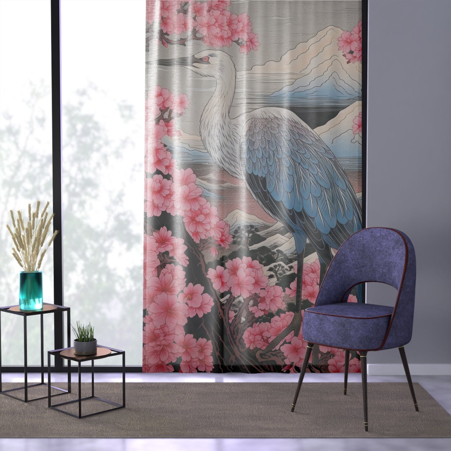 Sakura Blossoms Majestic Crane - Japanese, Birthday Gift for Dad, Traditional Indigo & Mount Fuji - Window Curtain