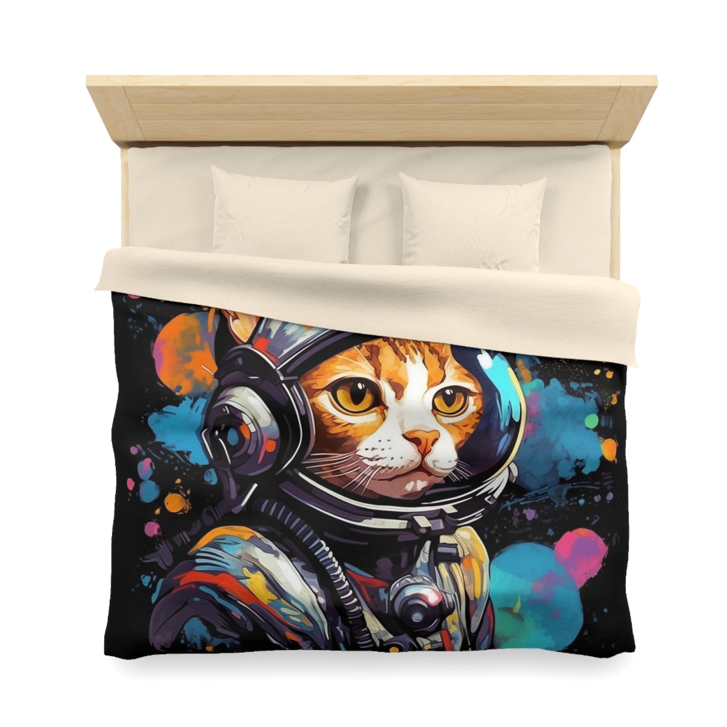 Astro Cat Adventure Feline - Pop Art, Floating in Cosmic Space - Microfiber Duvet Cover