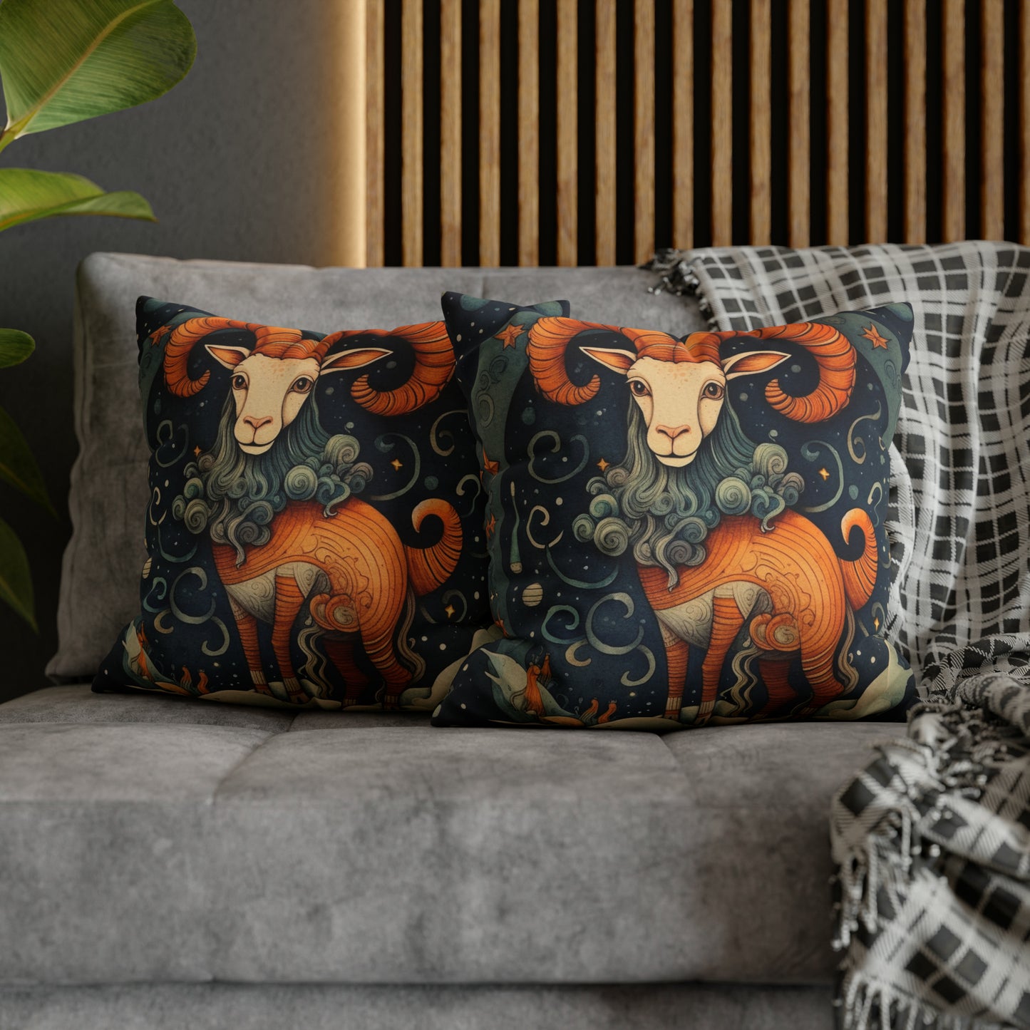 Diseño humorístico del estilo del libro infantil del zodiaco de Capricornio - Funda de almohada cuadrada de poliéster hilado 