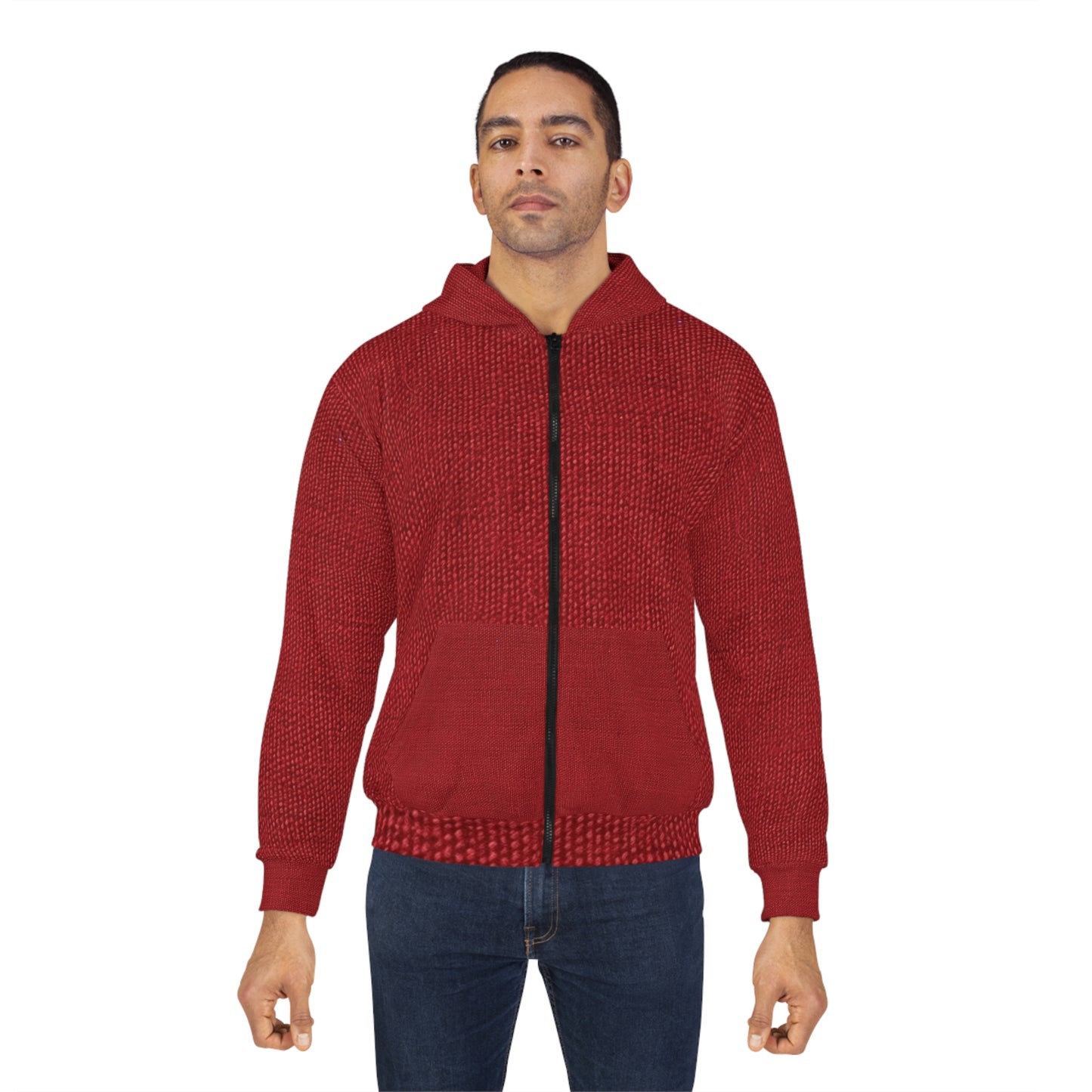 Rojo rubí atrevido: estilo de tela apasionado, inspirado en la mezclilla - Sudadera con capucha unisex con cremallera (AOP)