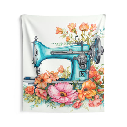 Aqua Blue Sewing Machine and Floral Watercolor Illustration, Artistic Craft - Indoor Wall Tapestries