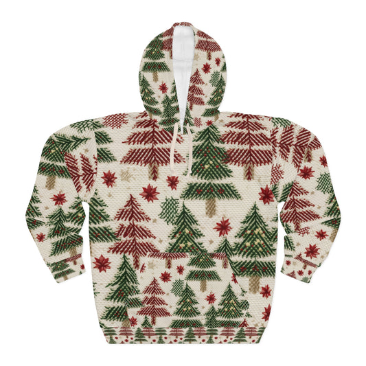 Embroidered Christmas Winter, Festive Holiday Stitching, Classic Seasonal Design - Unisex Pullover Hoodie (AOP)