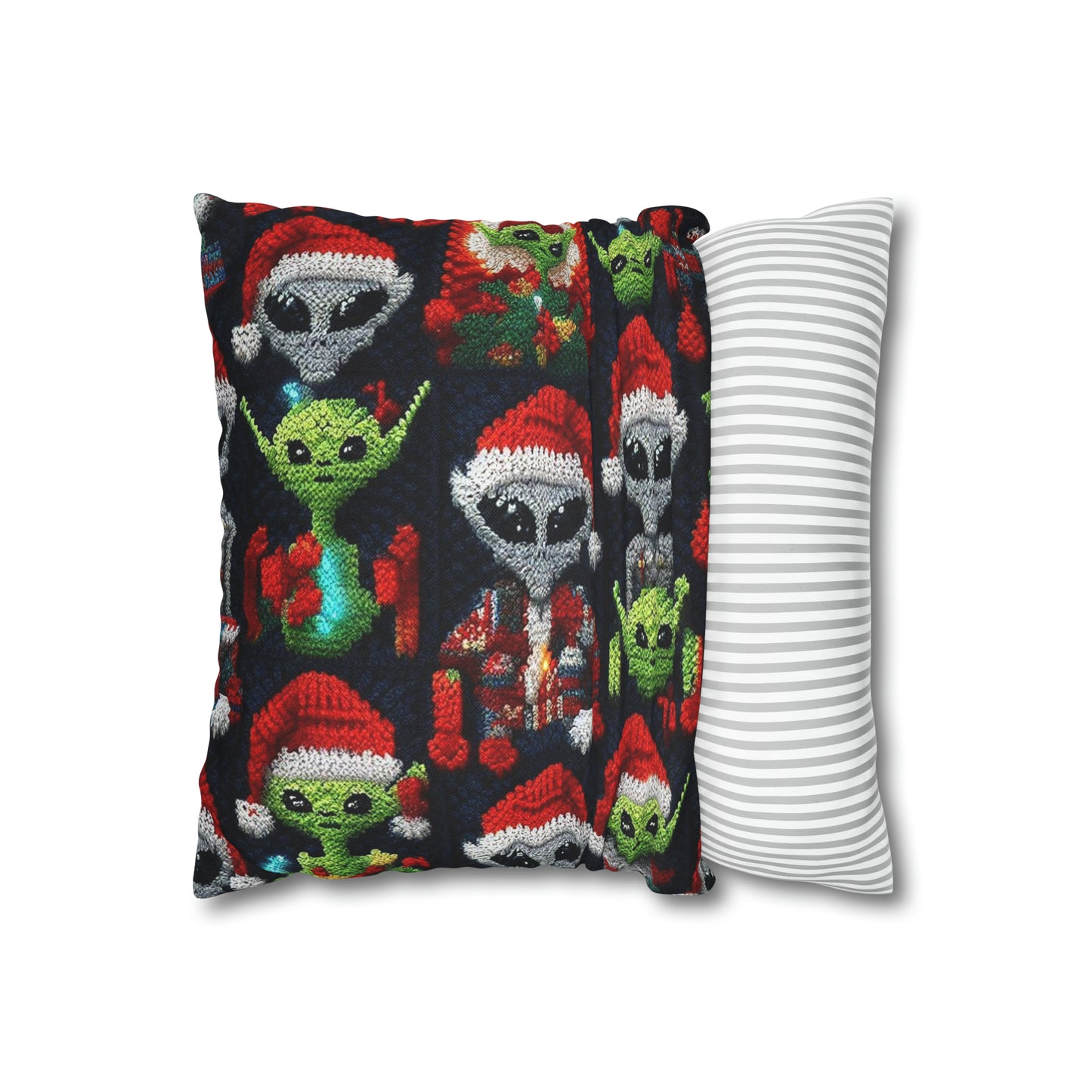 Festive Alien Invasion: Intergalactic Christmas Holiday Cheer with Santa Hats and Seasonal Gifts Crochet Pattern - Spun Polyester Square Pillow Case