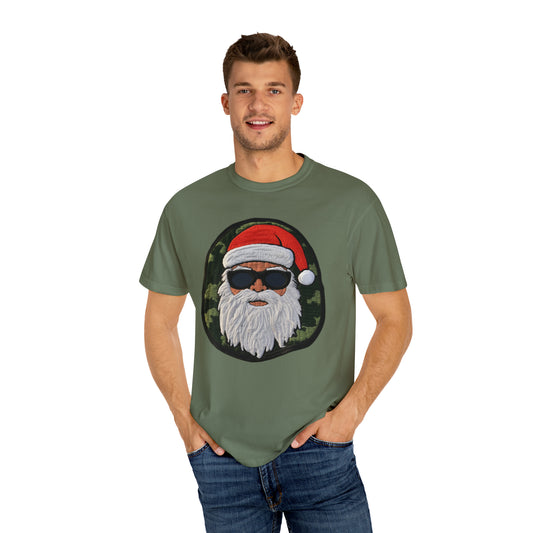 Military Santa Camo Patch - Marine Christmas Chenille Badge - Festive Decor - Unisex Garment-Dyed T-shirt