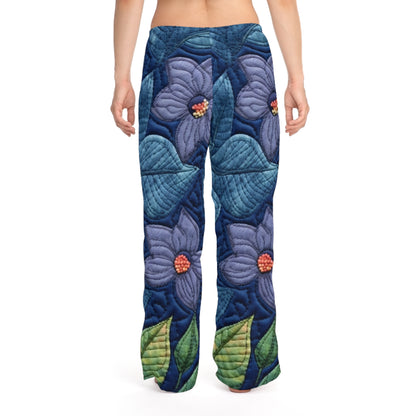 Floral Embroidery Blue: Denim-Inspired, Artisan-Crafted Flower Design - Women's Pajama Pants (AOP)