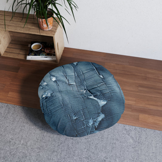 Distressed Blue Denim-Look: Edgy, Torn Fabric Design - Tufted Floor Pillow, Round