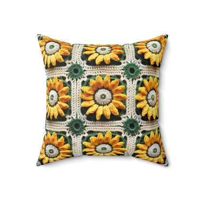 Sunflower Crochet Elegance, Granny Square Design, Radiant Floral Motif. Bring the Warmth of Sunflowers to Your Space - Spun Polyester Square Pillow