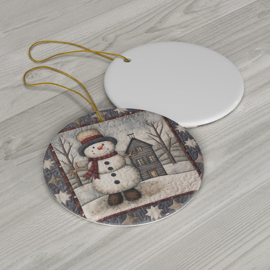 Christmas Cottagecore Snowman & Snowy House - Nostalgic Decor - Grandmillennial Festive Charm - Ceramic Ornament, 4 Shapes