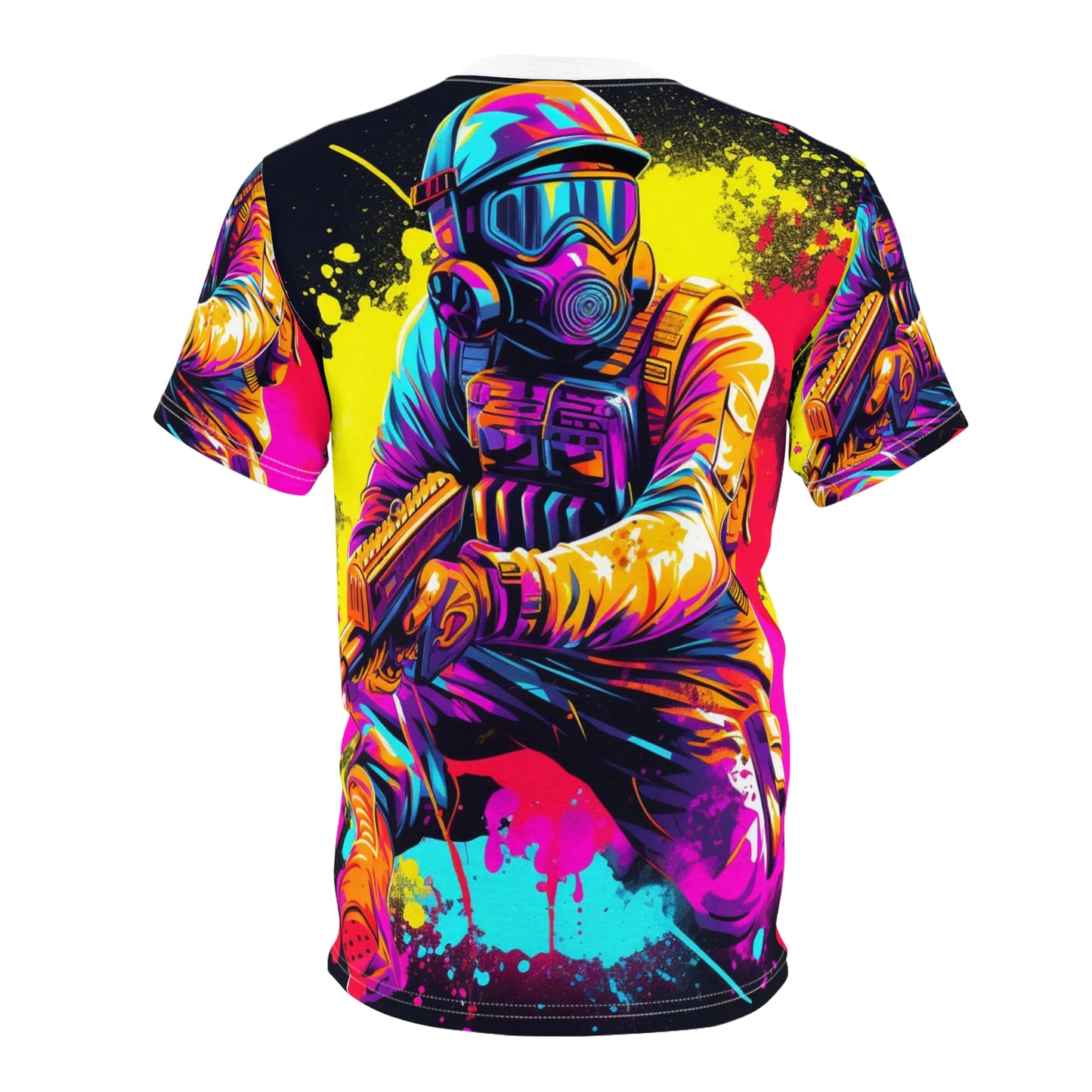 Paintball Action Sport: Player in Battle, Paint Splatter - Unisex Cut & Sew Tee (AOP)