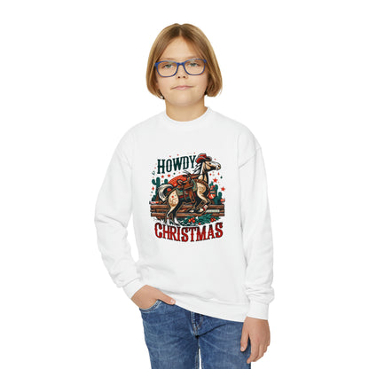 Old West Holiday Cheer - Cowboy Christmas with Festive Wreath and Star-Spangled Horse - Youth Crewneck Sweatshirt