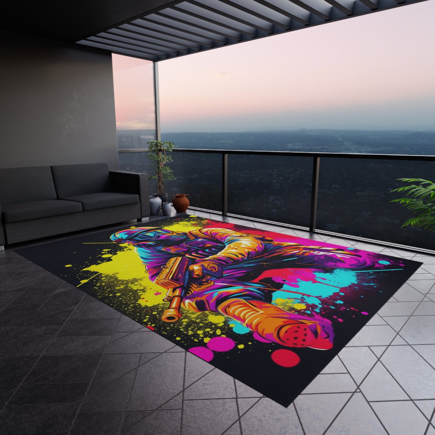 Paintball Action Sport: Player in Battle, Paint Splatter - Outdoor Rug