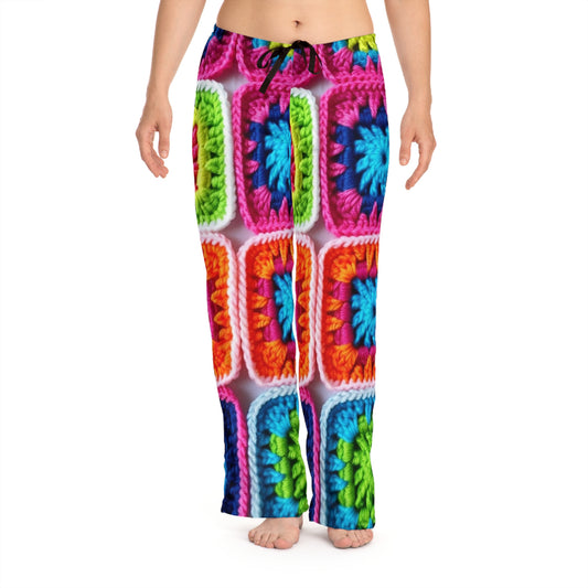Crochet Granny Square, Algodón de Verano, Patchwork, Diseño Floral Retro, Algodón de Ganchillo - Pantalones de Pijama de Mujer (AOP) 
