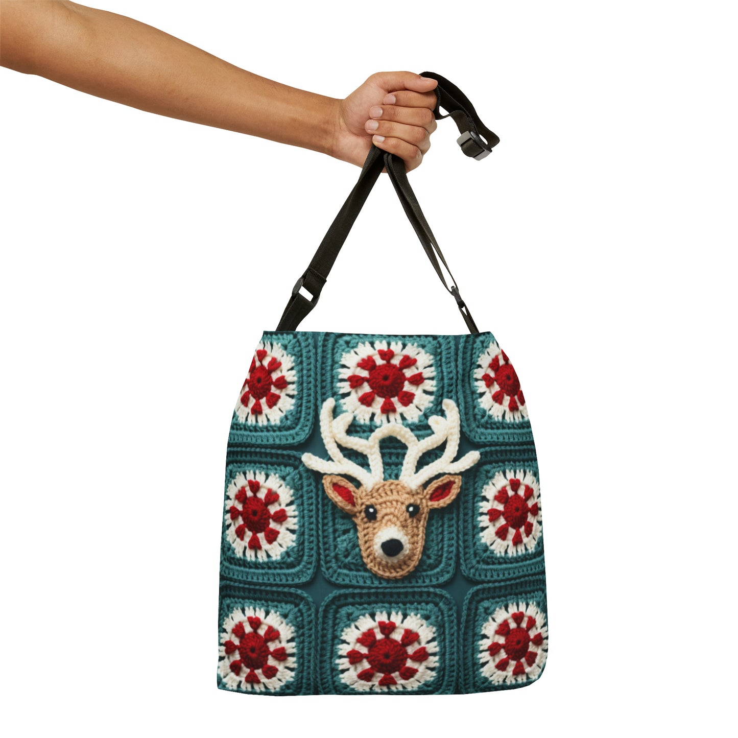 Christmas Reindeer Crochet, Wintry Wonderland Design, Festive Stag Motif. Embrace the Holiday Spirit - Adjustable Tote Bag (AOP)