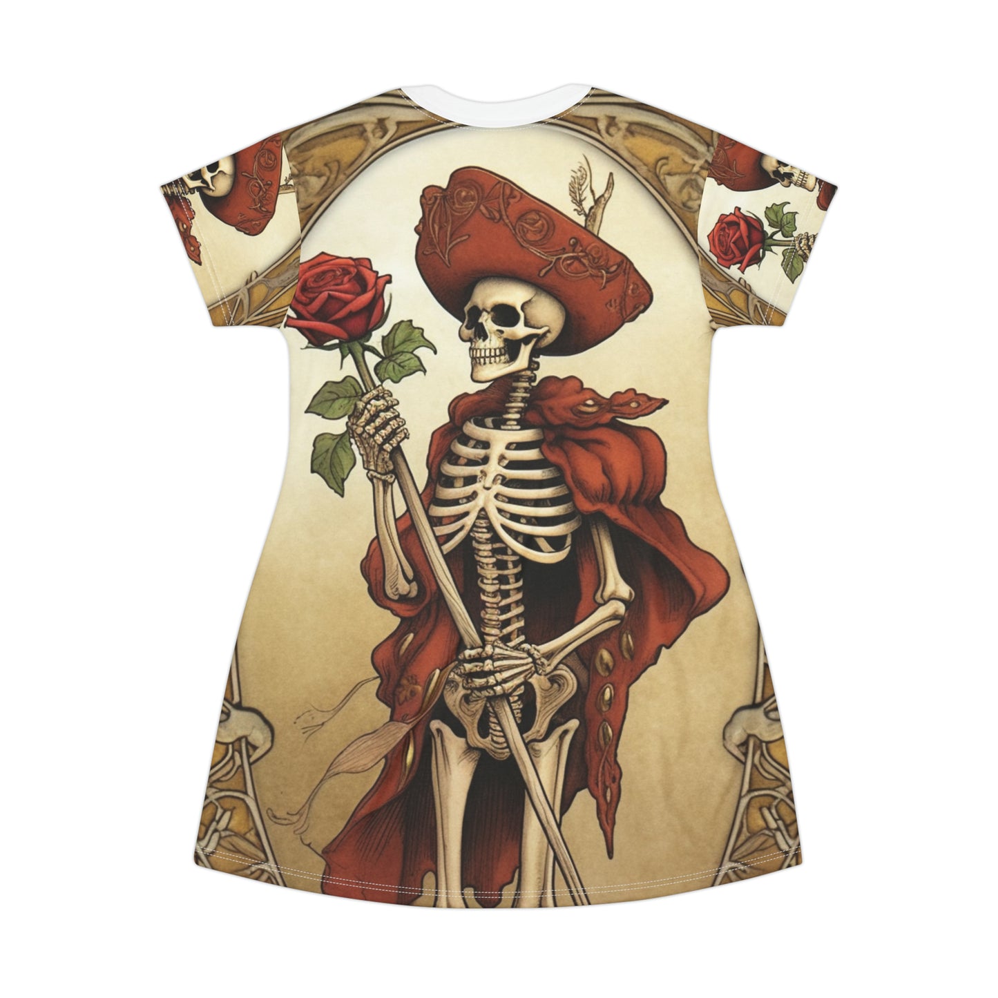 Death Card Tarot - Skeleton, Rose, and Transformation Journey - T-Shirt Dress (AOP)