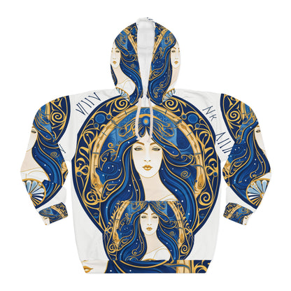 Simetría circular del zodiaco Virgo en azul real dorado - Sudadera con capucha unisex (AOP) 