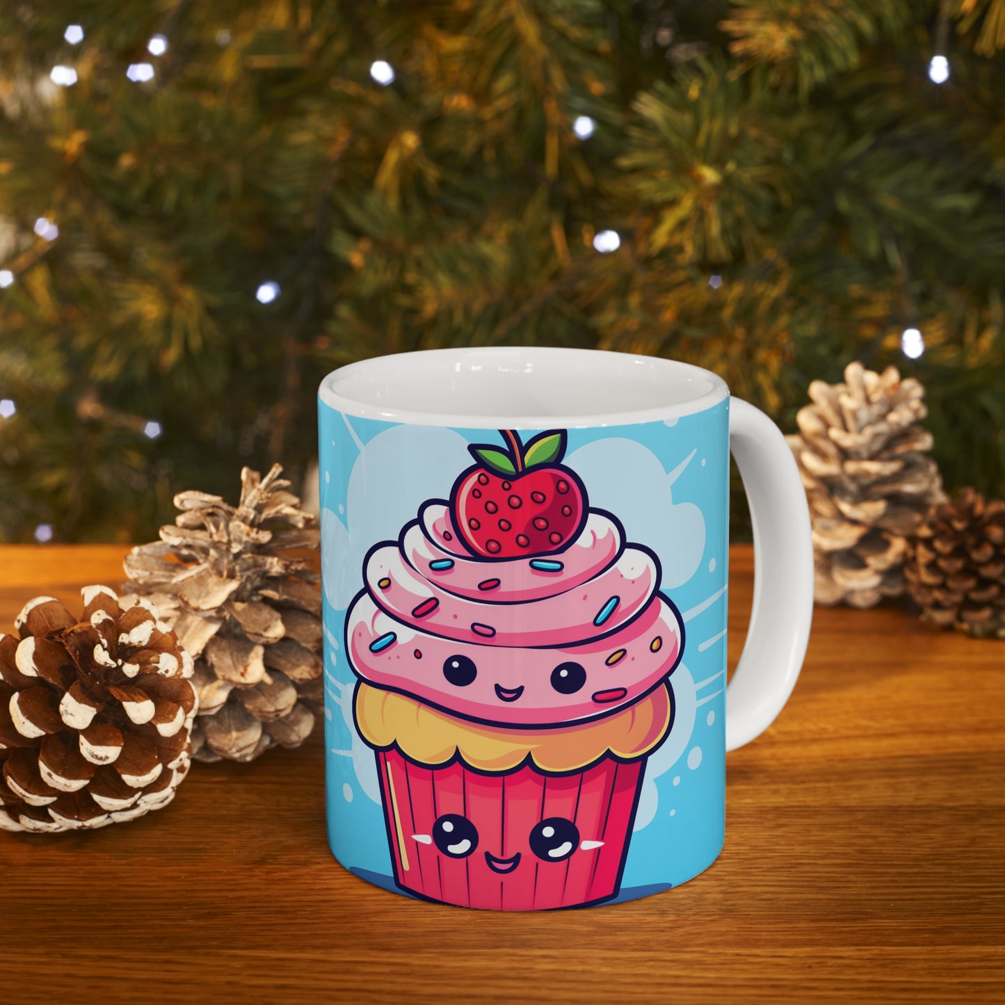 Strawberry Delight - Kawaii Cupcake Art - Sweet Anime Manga Dessert Charm - Ceramic Mug 11oz