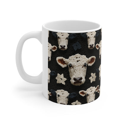 Patrón de vaca de ganchillo Estilo de tela de animales de granja - Taza de cerámica 11oz