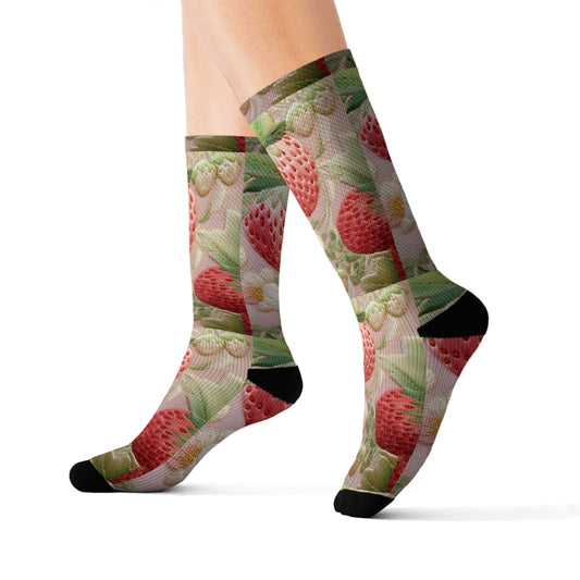 Red Berry Strawberries - Embroid Fruit - Healthy Crop Feast Food Design - Sublimation Socks