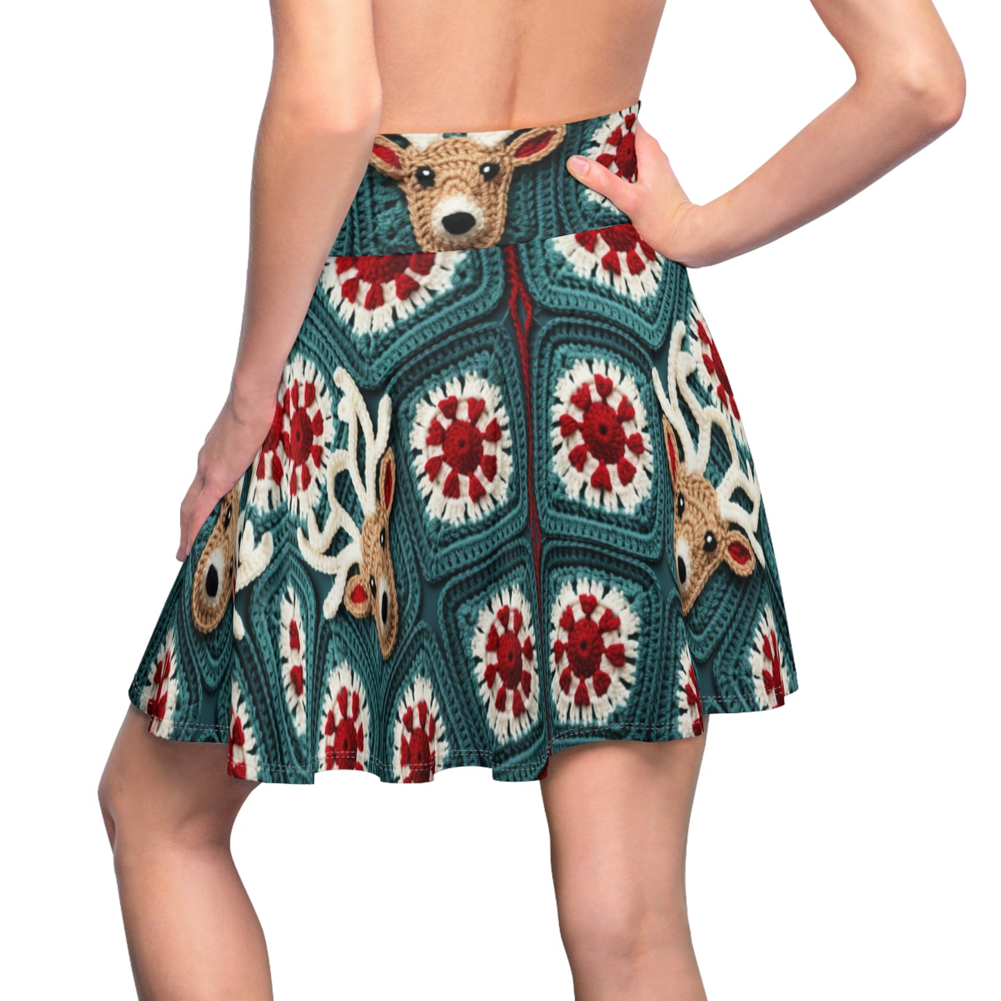 Christmas Reindeer Crochet, Wintry Wonderland Design, Festive Stag Motif. Embrace the Holiday Spirit - Women's Skater Skirt (AOP)