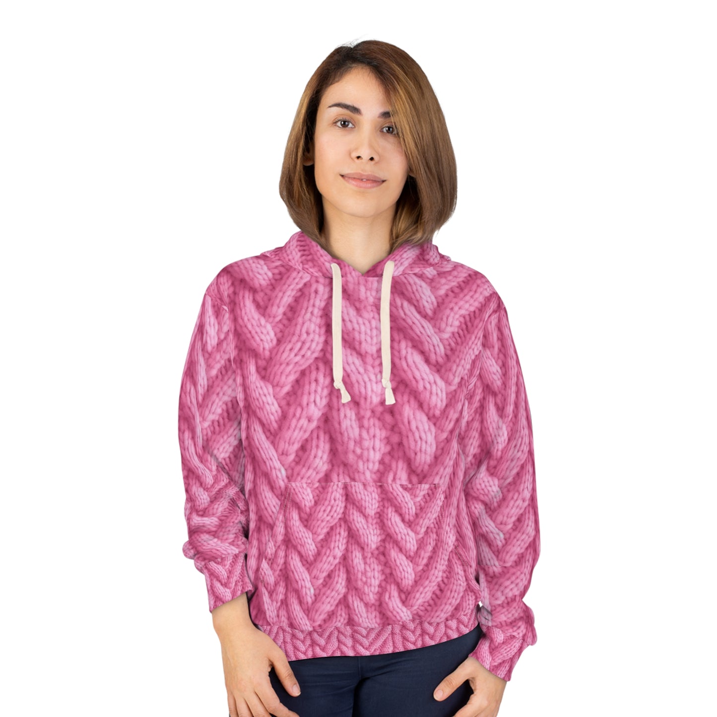 Blush Knit: Soft Hot Pink Palette Textured Fabric Design - Unisex Pullover Hoodie (AOP)