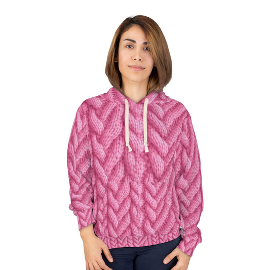 Blush Knit: Soft Hot Pink Palette Textured Fabric Design - Unisex Pullover Hoodie (AOP)