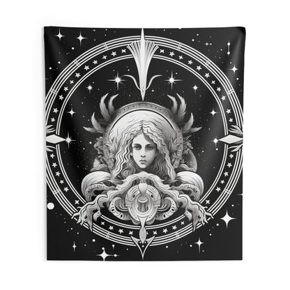 Tapiz de pared personalizado Virgo, diseño de doncella en blanco y negro, 100% poliéster, varios tamaños 