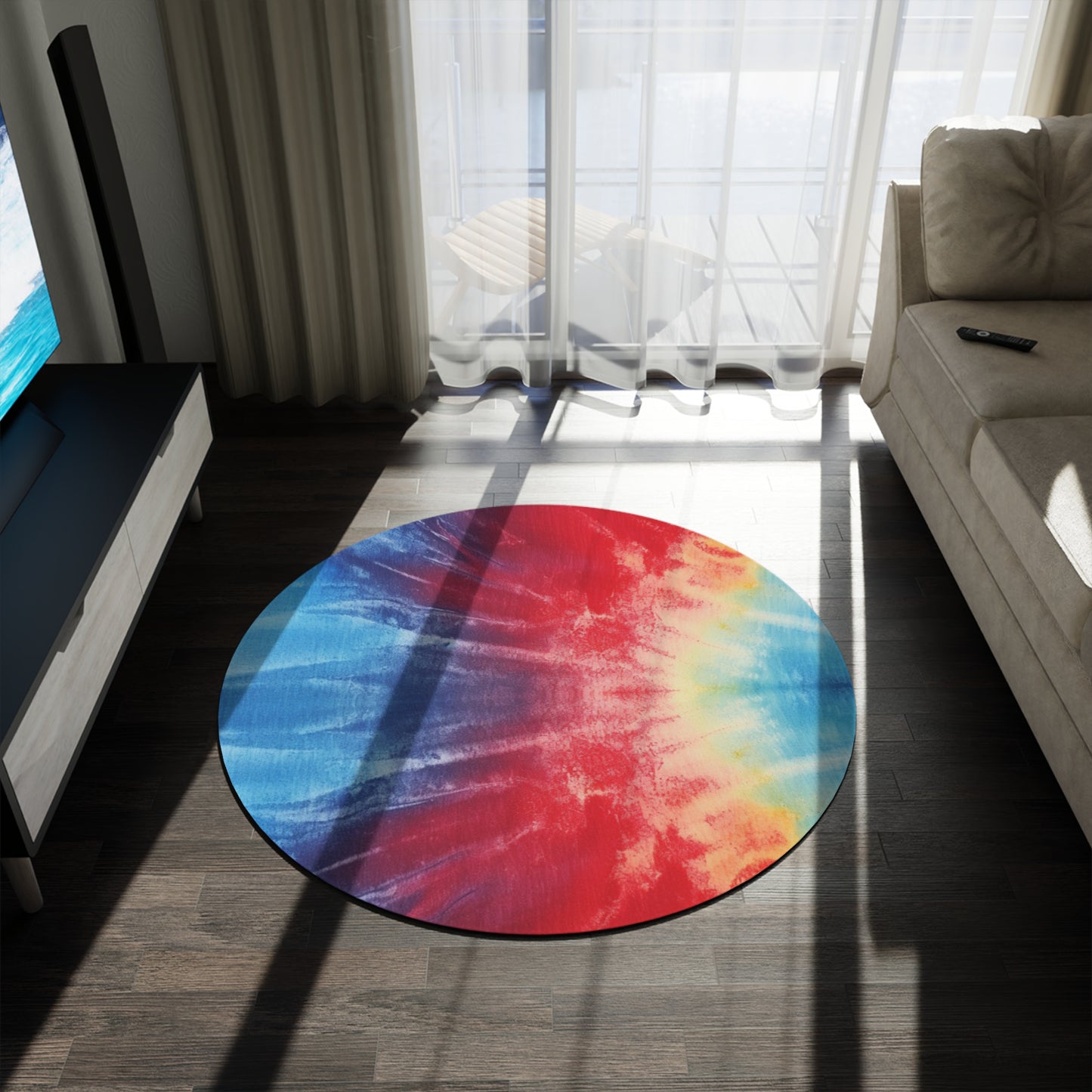 Rainbow Tie-Dye Denim: Vibrant Multi-Color, Fabric Design Spectacle - Round Rug