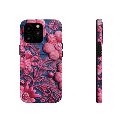 Denim Blue Doll Pink Floral Embroidery Style Fabric Flowers - Tough Phone Cases