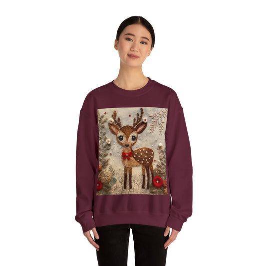 Winter Deer - Style Embroidered Christmas Reindeer, Festive Felt Artwork, Holiday Decor - Unisex Heavy Blend™ Crewneck Sweatshirt