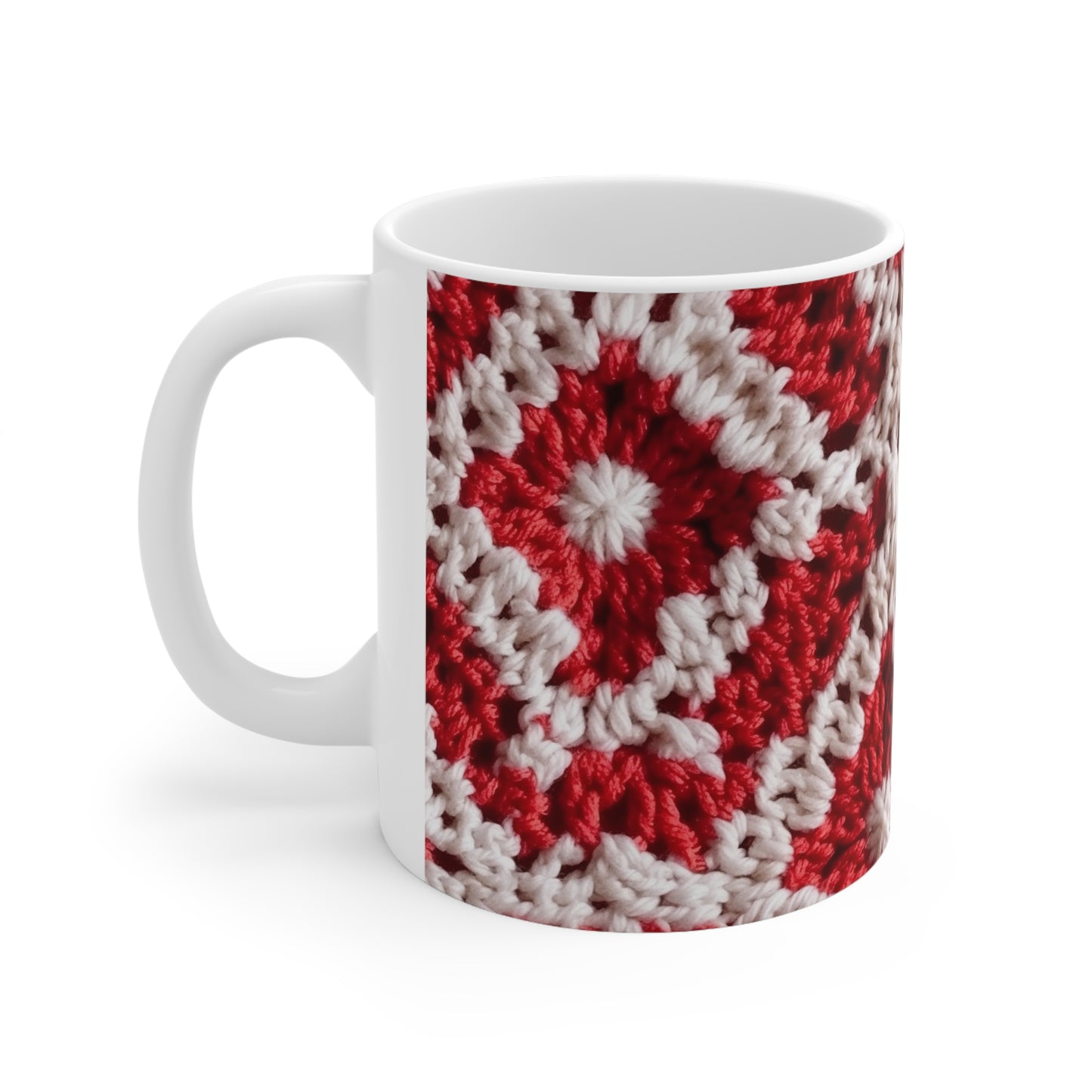 Cálido punto de ganchillo rojo y blanco de invierno: diseño de textura cinematográfico elegante - Taza de cerámica de 11 oz 