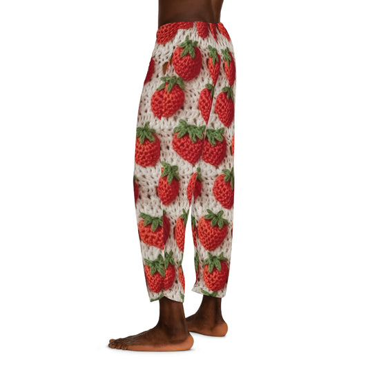 イチゴの伝統的な日本、かぎ針編み、フルーツデザイン、赤いベリー柄 - メンズパジャマパンツ (AOP)