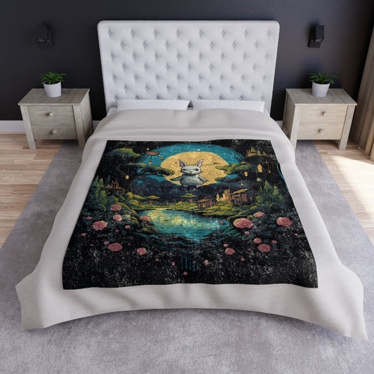 White Rabbit Mystery Psychedelic Fantasy Anime Cartoon Bunny - Crushed Velvet Blanket