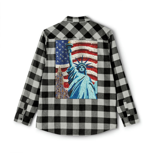 Patriotic Mosaic Artwork, Liberty Statue with Flag, Emblematic Freedom, Independence Day Mural, National Pride Abstract Tilework - Unisex Flannel Shirt