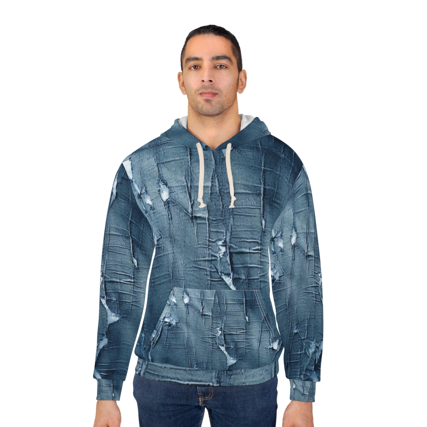 Distressed Blue Denim-Look: Edgy, Torn Fabric Design - Unisex Pullover Hoodie (AOP)