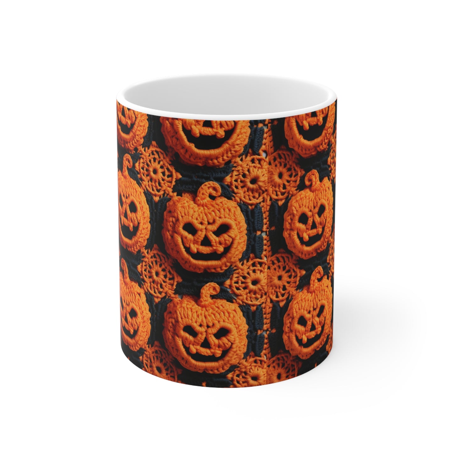 Patrón festivo festivo de terror aterrador de calabaza de ganchillo de Halloween - Taza de cerámica de 11 oz