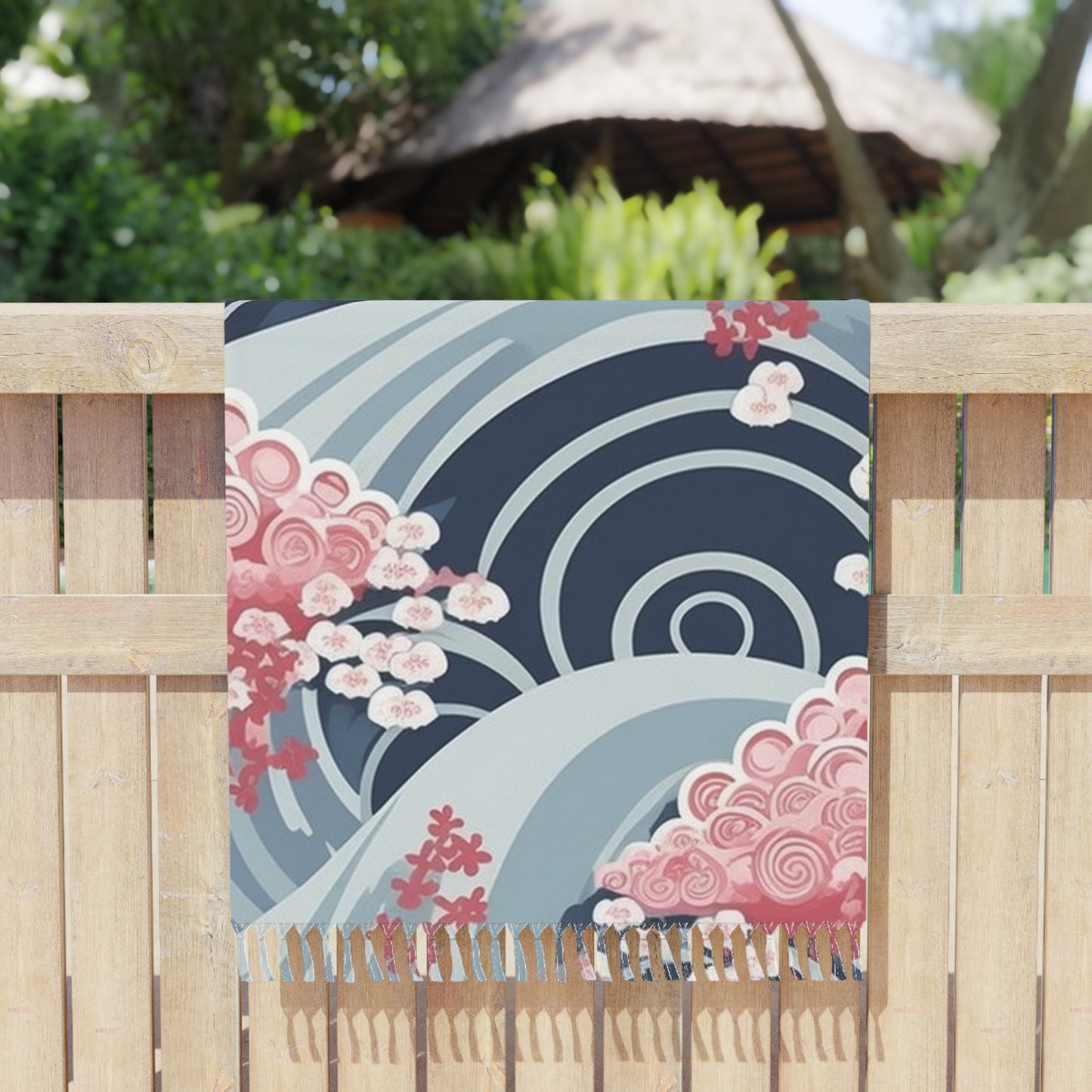 Tela De Playa Boho con estampado de flores de cerezo y ondas minimalistas japonesas