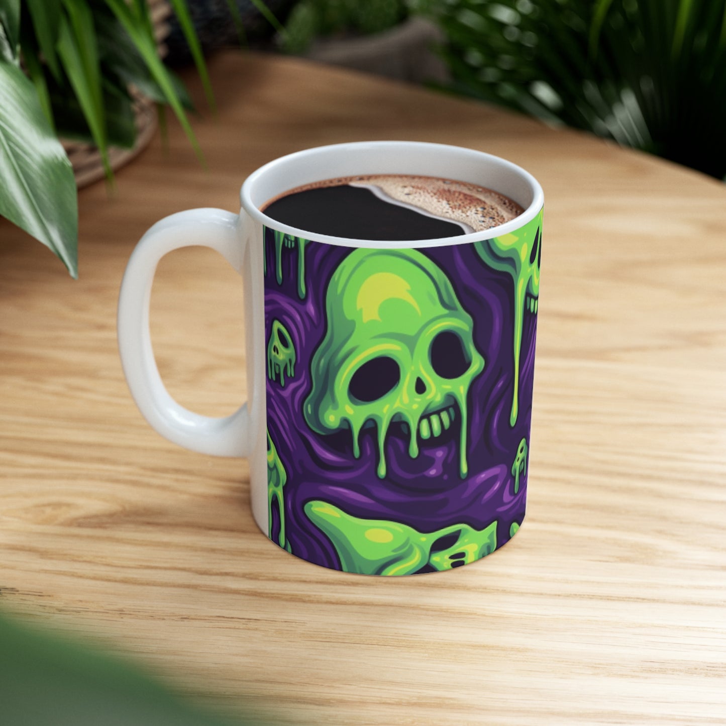 Patrón de terror aterrador de esqueletos verdes de calavera de limo de Halloween - Taza de cerámica 11oz