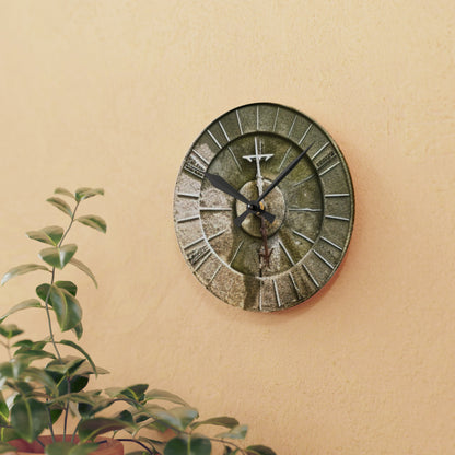 Ancient Stone Sundial, Tranquil Garden, Acrylic Wall Clock