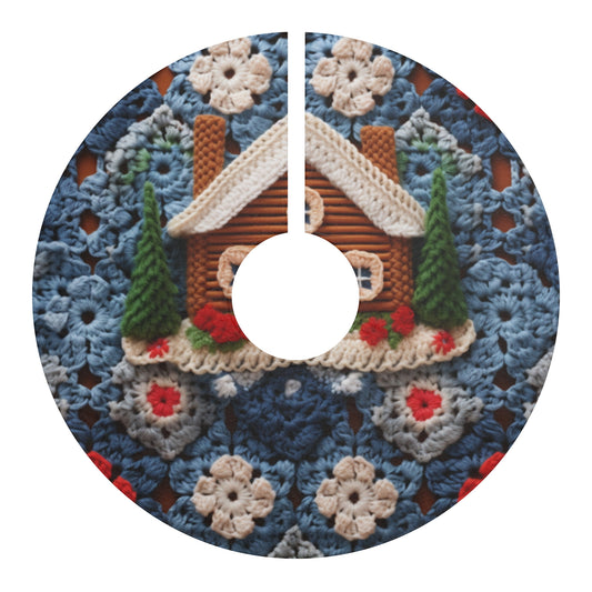 Cottagecore Log Cabin Crochet, Christmas Winter House Design, Rustic Holiday - Christmas Tree Skirts