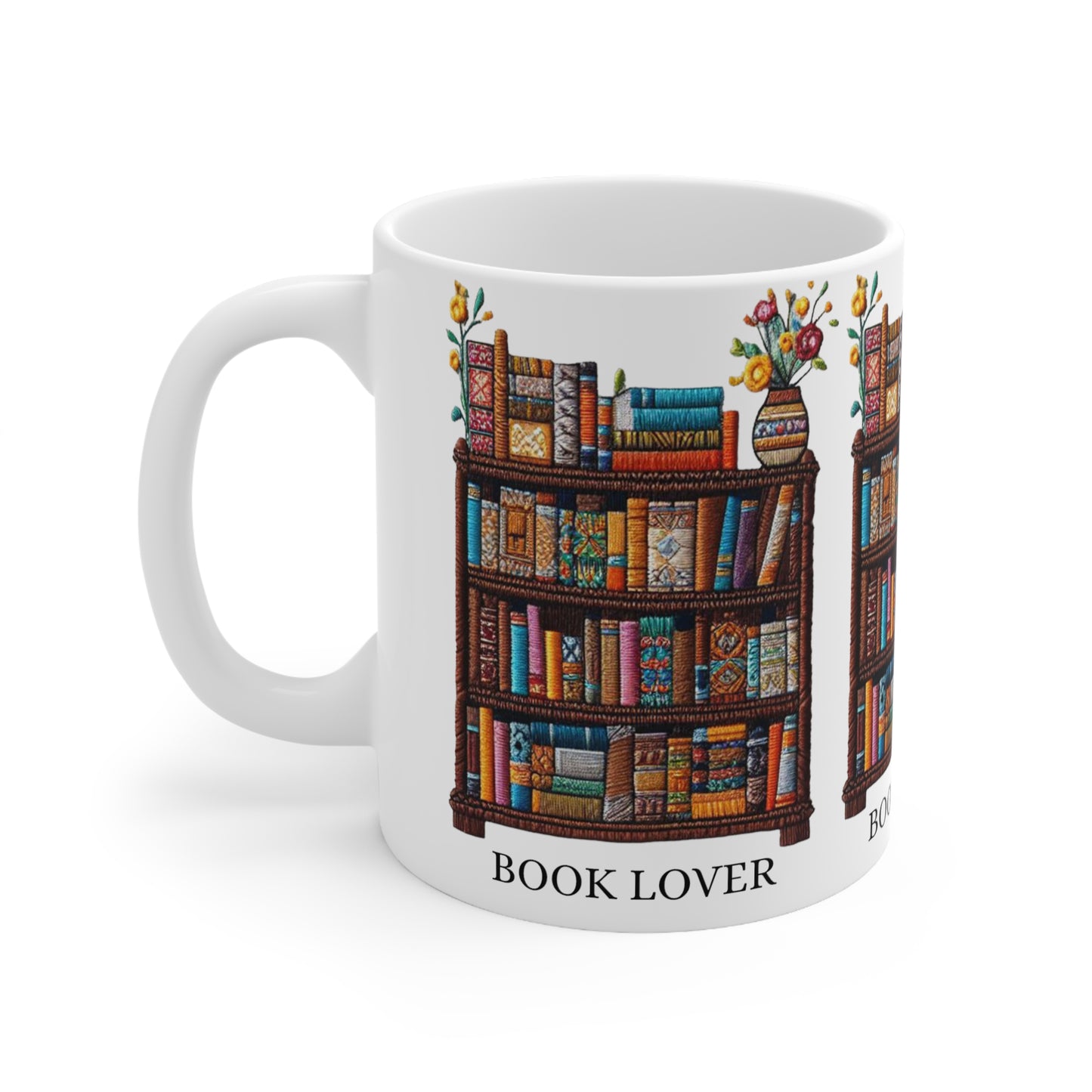 Bordado artesanal para amantes de los libros: diseño de estantería artesanal para bibliófilos - Taza de cerámica de 11 oz