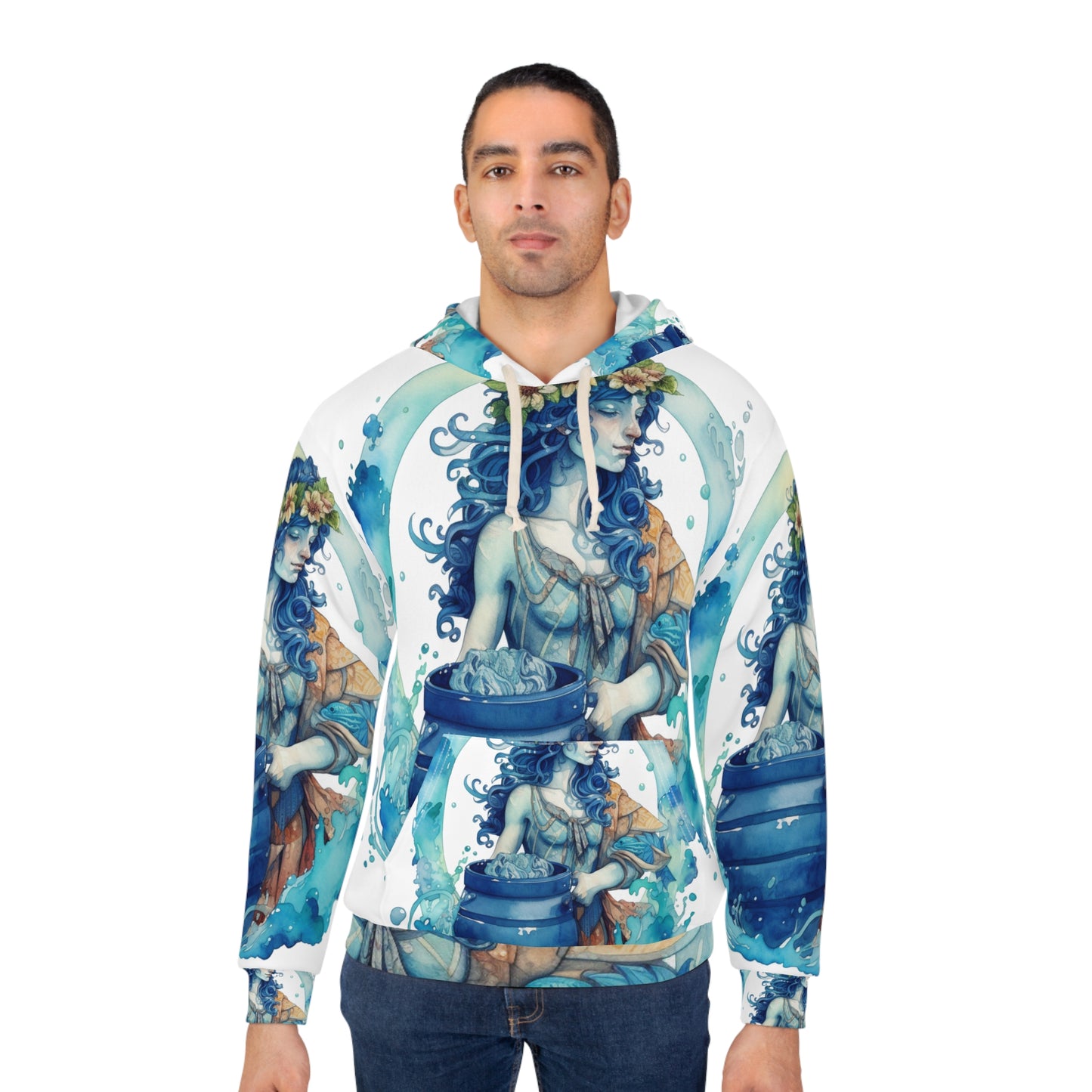 Artistic Aquarius Zodiac - Watercolor Water-Bearer Depiction - Unisex Pullover Hoodie (AOP)